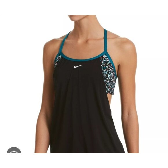 Nike Pixel Party Layered Tankini Top Black Teal Swimwear WOMENS SIZE S - Picture 1 of 6